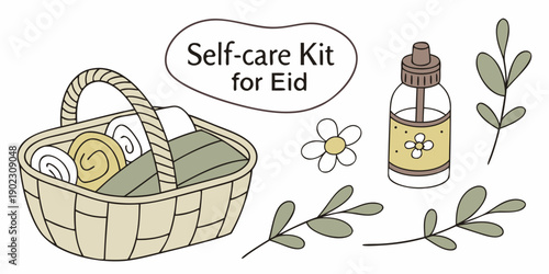 Self-care kit for Eid with basket and skincare products