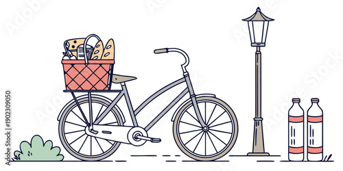 Bicycle with grocery basket and water bottles