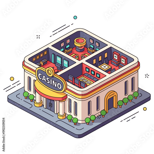 Isometric casino building design with interior details and gaming rooms