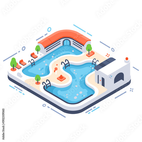 Isometric outdoor swimming pool with modern design and relaxation areas