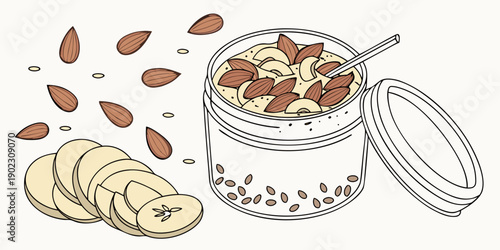 Delicious banana and almond snack in a jar with fresh slices