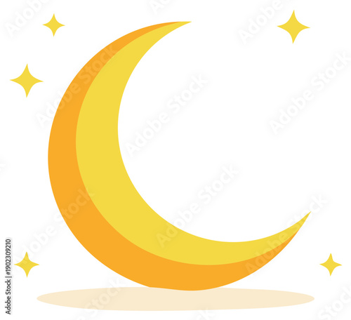Simple flat illustration of a yellow crescent moon with sparkling stars
