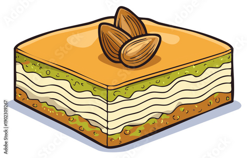 Golden layered baklava sweet dessert with pistachio filling and whole almond topping