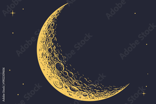 A crescent moon with craters and stars in the night sky isolated on transparent background, isolated on white background, Vector
