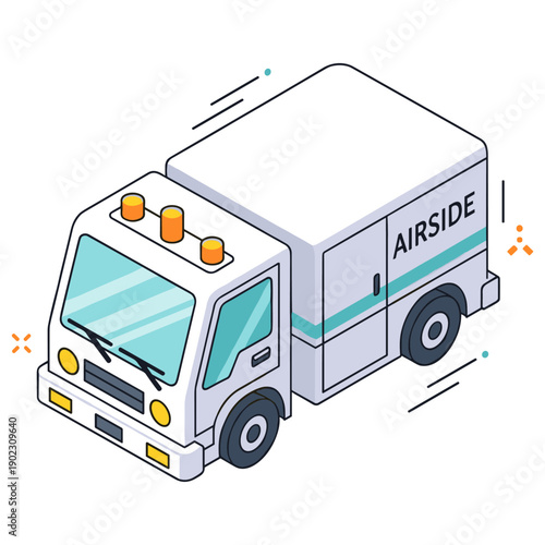 Isometric illustration of airside service vehicle with detailed design. No editable stroke