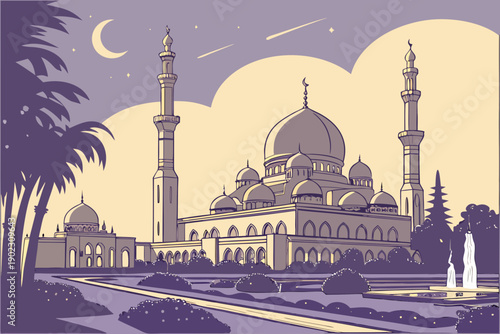 A serene mosque with minarets and domes under a starry night sky isolated on transparent background, isolated on white background, Vector