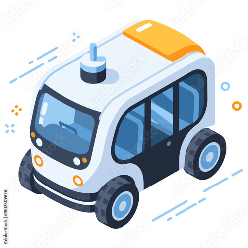 Futuristic autonomous vehicle design with bright colors and modern technology. No editable stroke