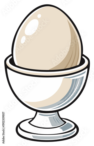Single boiled egg in a white egg cup shown isolated on white
