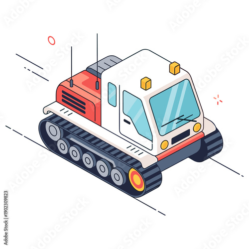 Isometric snow groomer vehicle on white background. No editable stroke