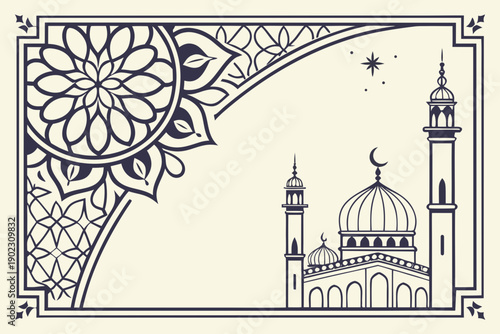 Intricate geometric patterns adorn the walls of a mosque with minarets in the distance isolated on transparent background, isolated on white background, Vector