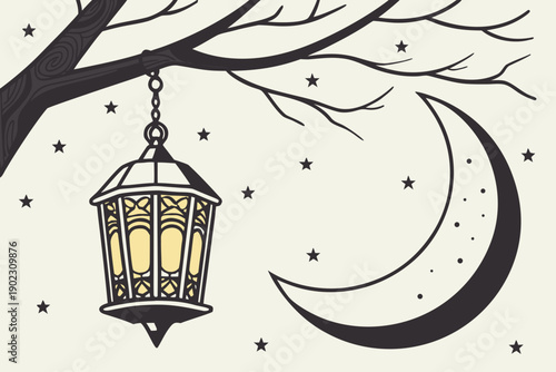 A lantern hanging from a tree branch under a full moon and snowfall isolated on transparent background, isolated on white background, Vector
