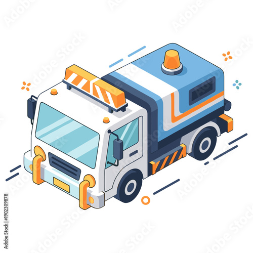 Colorful isometric illustration of a cartoon street sweeper vehicle. No editable stroke