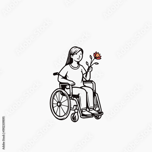 Young woman in wheelchair holding a flower with a cheerful expression  