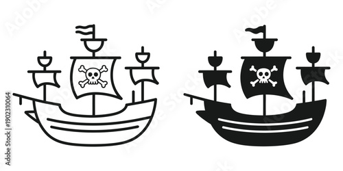 Pirate Ship Icon in Stroke and Fill Design, Isolated on White Background, Symbolizing Adventure, Ocean Travel, Maritime Theme