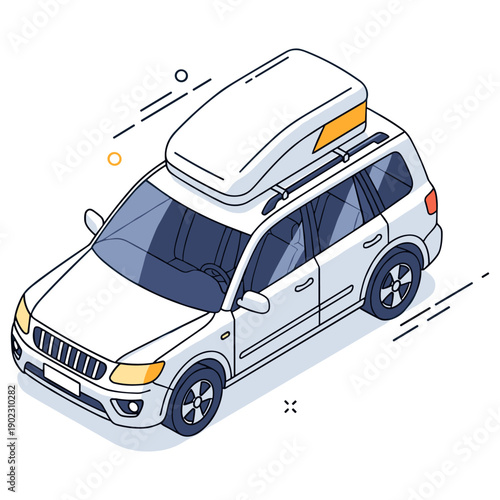 Isometric illustration of a white suv with roof box on a clean background. No editable stroke