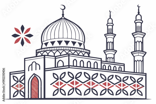 A majestic mosque with intricate architecture and a beautiful courtyard isolated on transparent background, isolated on white background, Vector