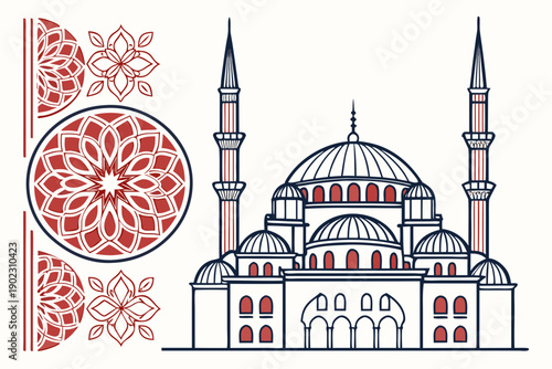 Intricate illustration of istanbul's blue mosque with islamic patterns isolated on transparent background, isolated on white background, Vector