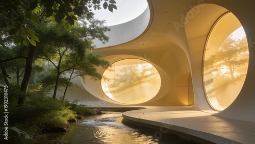 Modern building with circular openings near stream