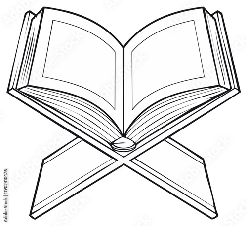 Open book sits upon a wooden Rehal stand for reading, a cultural symbol of knowledge and wisdom in a drawing style.