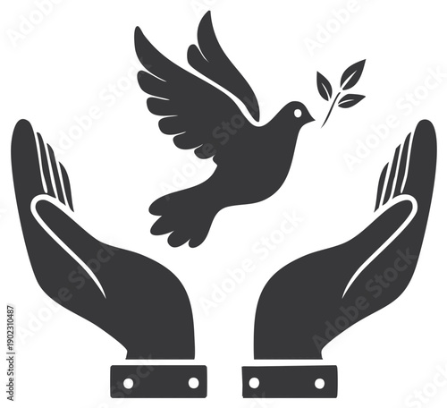 Cupped hands supporting a flying peace dove holding an olive branch a symbolic illustration of hope and freedom