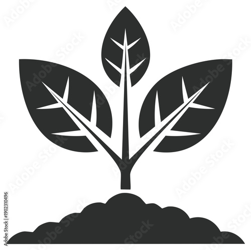 Stylized plant sprout growing from fertile soil with three leaves unfurling