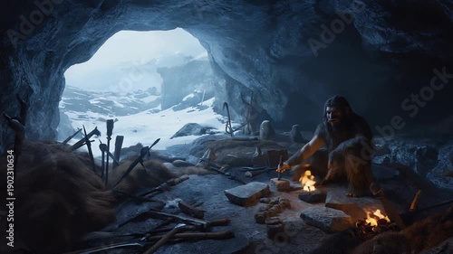 Neanderthal Man Tending Fire in Cave – Primitive Lifestyle, Ancient History, Prehistoric Survival, Stone Age Scene.