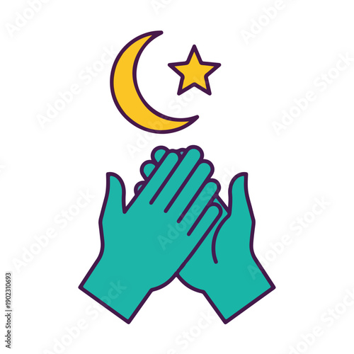 Hands in prayer gesture with Islamic crescent moon and star, symbolizing faith, devotion, and spiritual connection for Muslim worship and religious holidays.