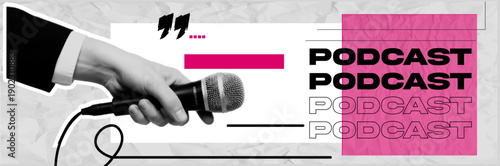 Halftone pop art dot design of a hand holding a microphone with the word podcast on a textured background, vector illustration