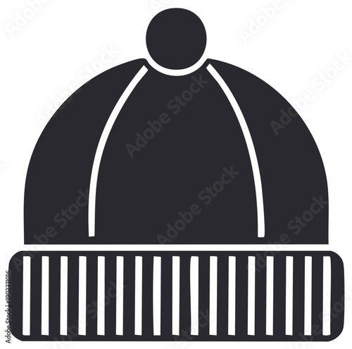 Minimalist black winter beanie hat with pompom icon design for cold weather apparel.