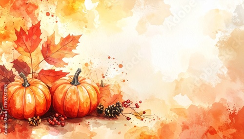 Autumn watercolor painting with pumpkins and maple leaves illustration.
