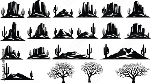 WebBlack desert mountain silhouettes with saguaro cactus and dry trees set isolated on white background for western landscape logo design and wild west illustrations