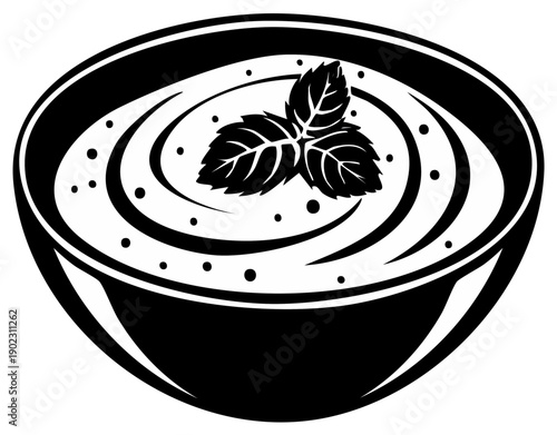 Bowl of creamy soup garnished with fresh mint leaves in a monochrome illustration.