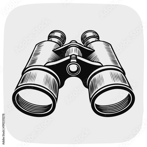 Detailed black and white engraving of binoculars, optical instrument for viewing faraway objects