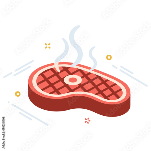 Steaming grilled steak with smoke and cartoon style on white background
