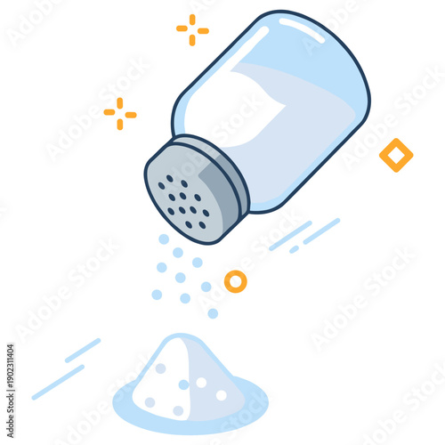 Cartoon salt shaker spilling salt on white background