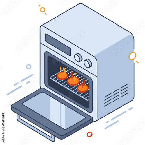 Isometric illustration of an electric oven with apples baking inside