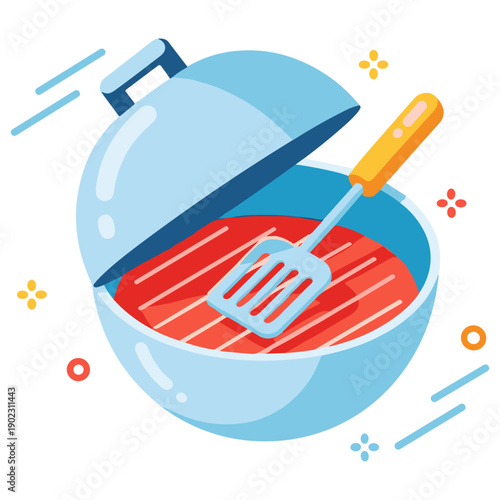 Colorful illustration of a bbq grill with spatula and lid