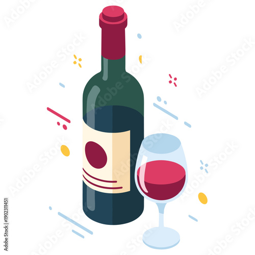 Colorful isometric wine bottle and glass artwork with abstract decorations