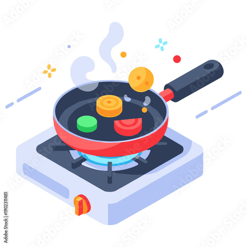Cartoon red frying pan with vegetables on gas stove illustration