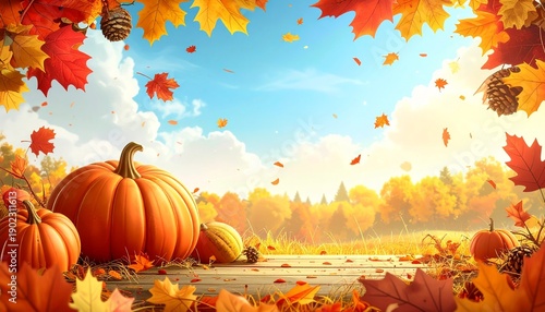 Autumnal Abundance - Pumpkins and Falling Leaves in a Sunny Landscape.