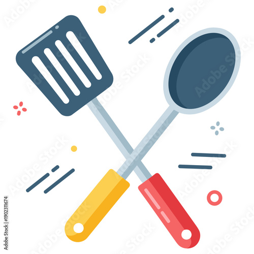 Colorful kitchen utensils: crossed spatula and spoon with decorative elements