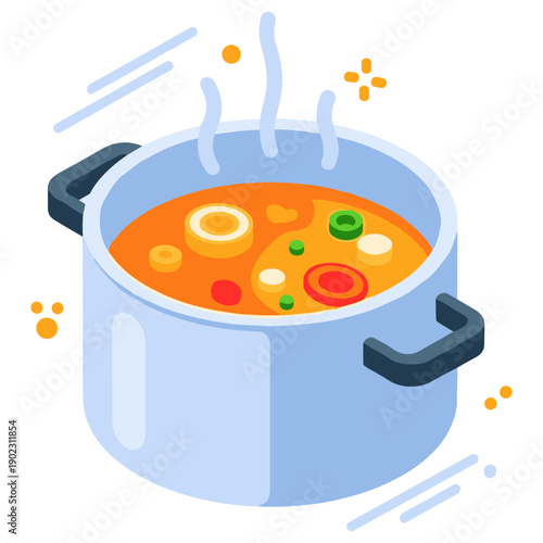 Isometric illustration of a boiling pot of colorful soup with vegetables and steam