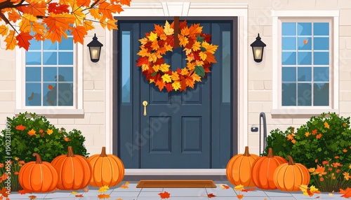 Autumnal Doorway - Pumpkins, Wreath, and Fall Foliage Decorating a Home.