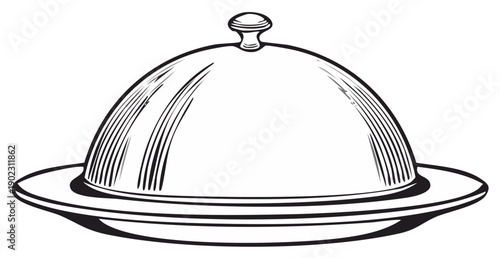Serving dish sketch with dome lid on plate Illustration dining catering hospitality cuisine restaurant