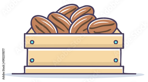 Wooden crate full of almonds nuts. Fresh healthy food or harvest concept.