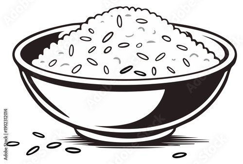 Black and white vector illustration of a full bowl of cooked rice, a classic staple food for many cuisines