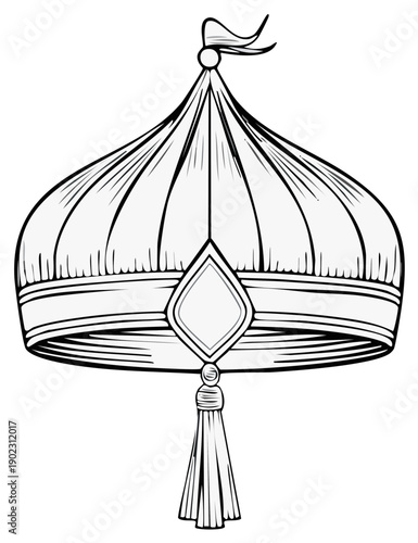 Illustration of an ornate turban hat with a tassel and flag element