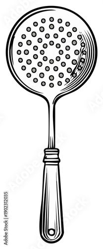 Elegant skimmer illustration, vintage kitchen utensil with circular head featuring small drainage holes and ornamented handle, engraved style design