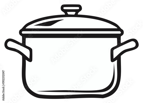 Simple illustration of a cooking pot with lid and handles, black outlines on white.