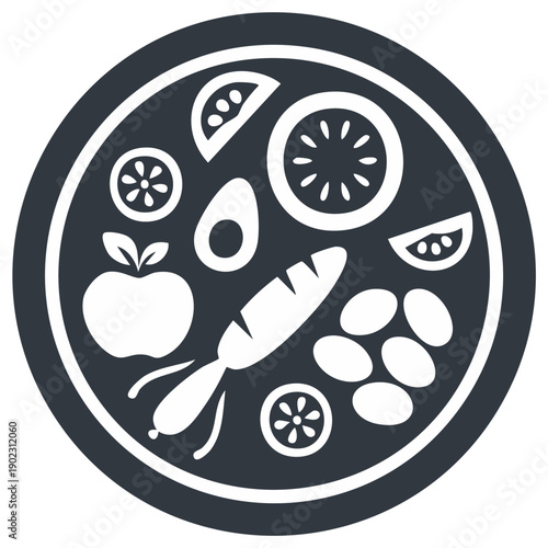 Graphic depiction of fruits, vegetables, and beans in a bowl for a healthy lifestyle diet plan concept